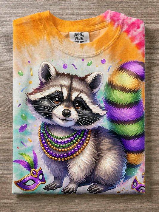 Mardi Gras Happy Holiday Party Tie Dye Raccoon Print T-Shirt