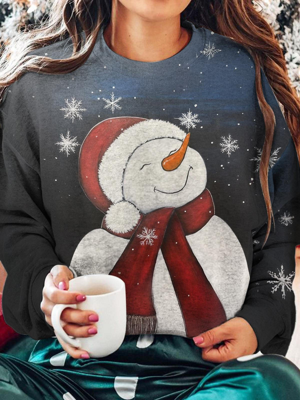 Retro Cute Snowman Printed Long Sleeve Casual Top