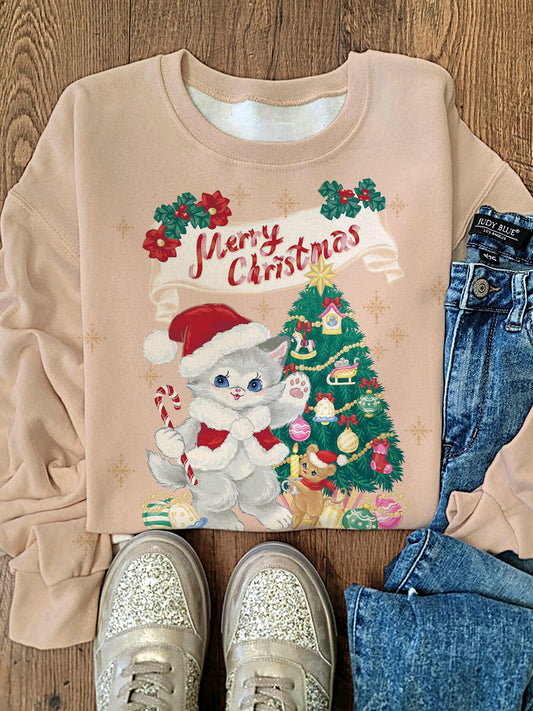 Cute Kitten Merry Christmas Printed Long Sleeve Casual Top