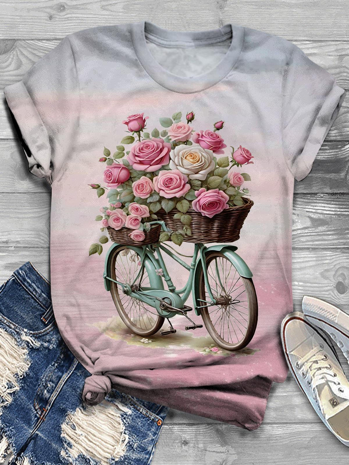 Women's Floral Bike Tour Print Casual T-Shirt