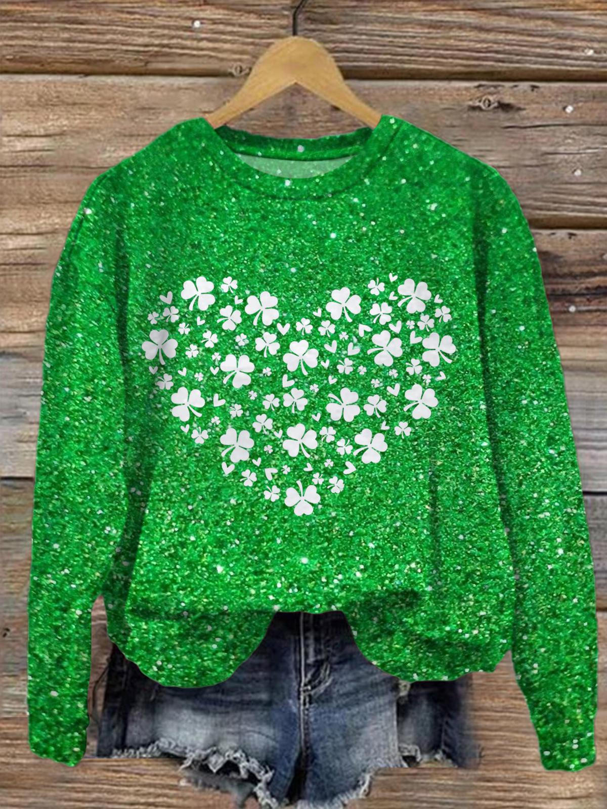 Shamrock Heart Printed Long Sleeve Casual Top