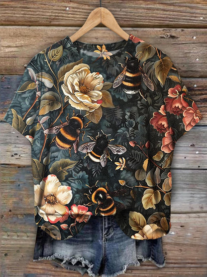 Floral Bee Retro Print Casual Top