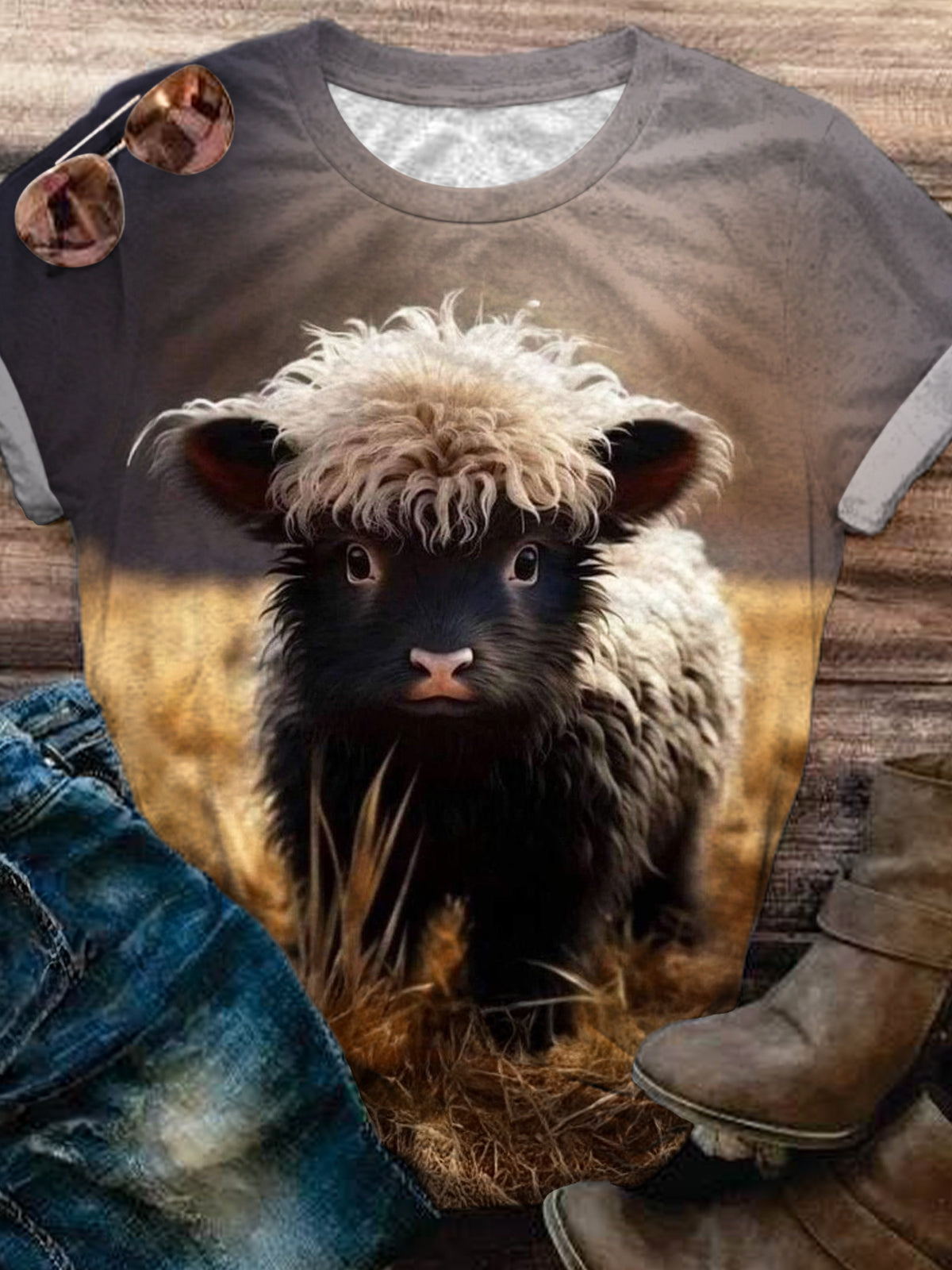 Women's Cute Highland Cow Retro Crew Neck T-shirt