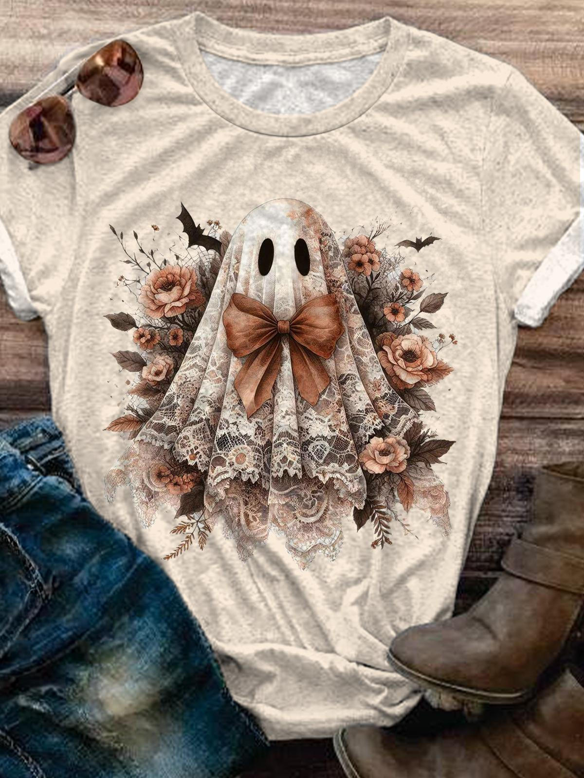 Halloween Coquette Lace Ghost Crew Neck T-shirt