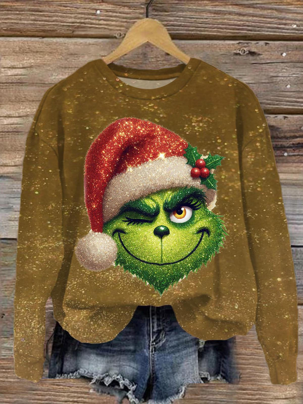 Funny Monster With Santa Hat Printed Long Sleeve Casual Top