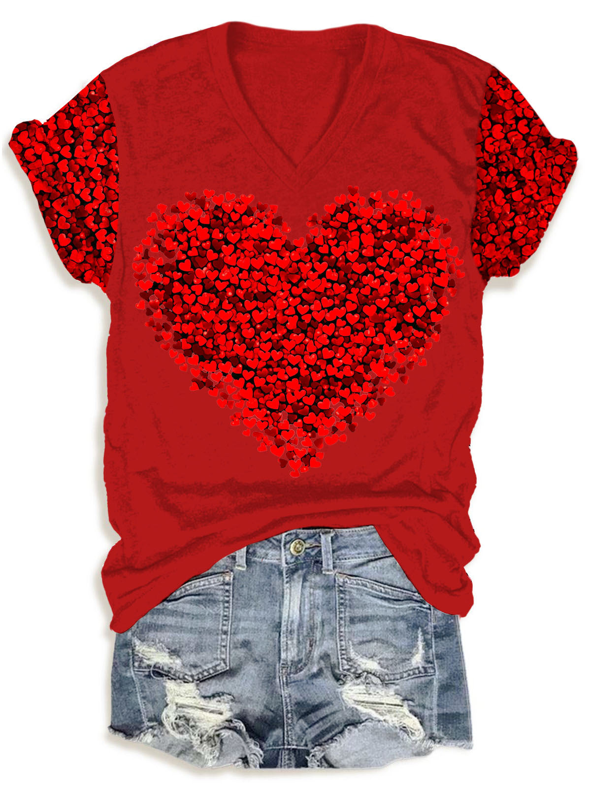 Red Hearts Valentines Day V-Neck T-Shirt