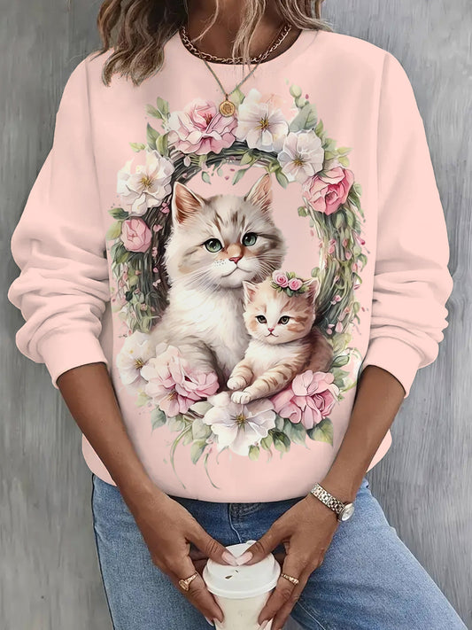 Floral And Cute Cat Print Long Sleeve Casual Top