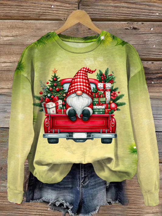 Gnome And Christmas Gifts On Red Truck Printed Long Sleeve Casual Top