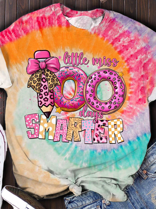 Little Miss 100 Days Smarter Tie Dye Print Casual T-shirt