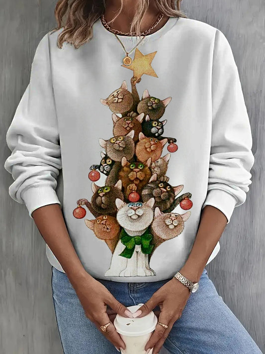 Women's Christmas Cat Round Neck Long Sleeve Top