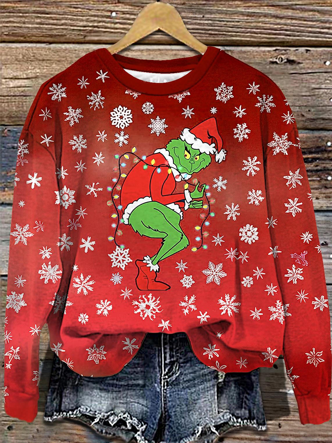 Women's Christmas Snowflake Green Trickortreat Printed Long Sleeve Casual Top