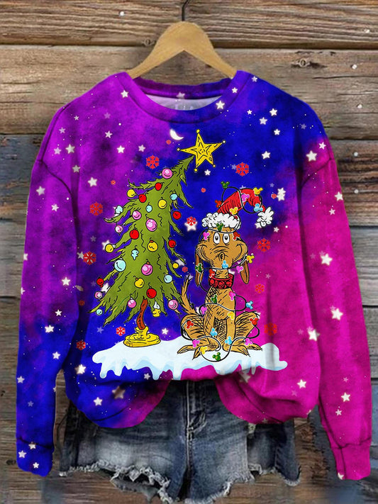 Women's Christmas Tree Puppy Fun Tie-Dye Print Long Sleeve Top