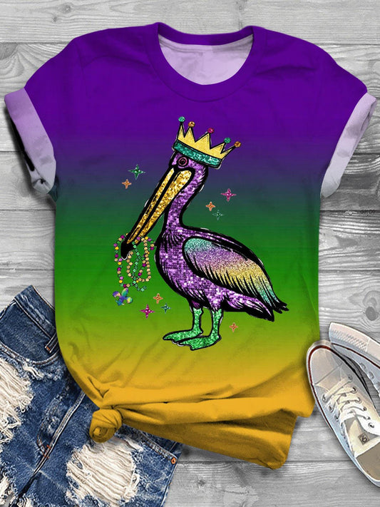 Mardi Gras Pelican Sequins Crew Neck T-shirt