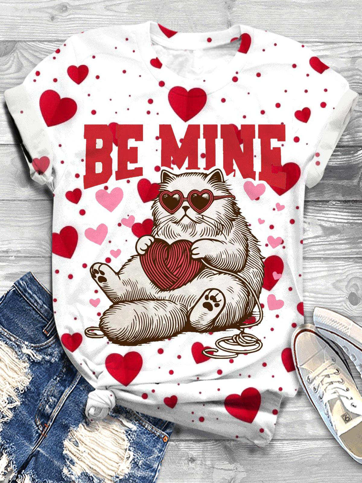 Be Mine Cat Valentine Crew Neck T-shirt