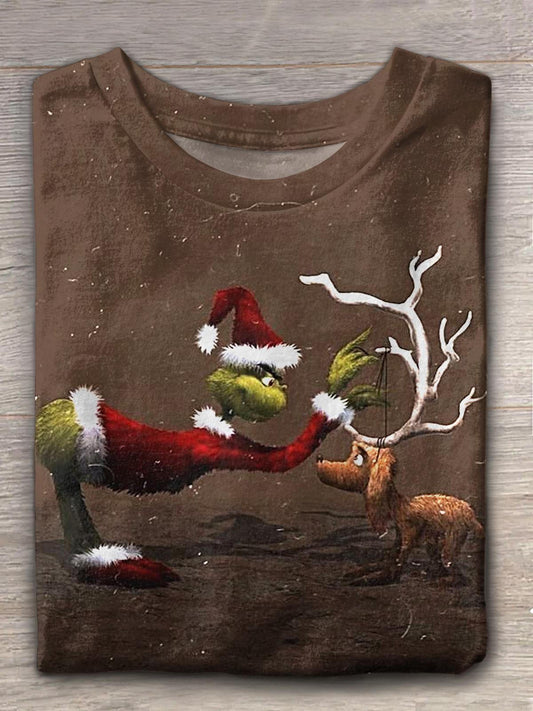 Women's Christmas Reindeer Print Crew Neck T-shirt