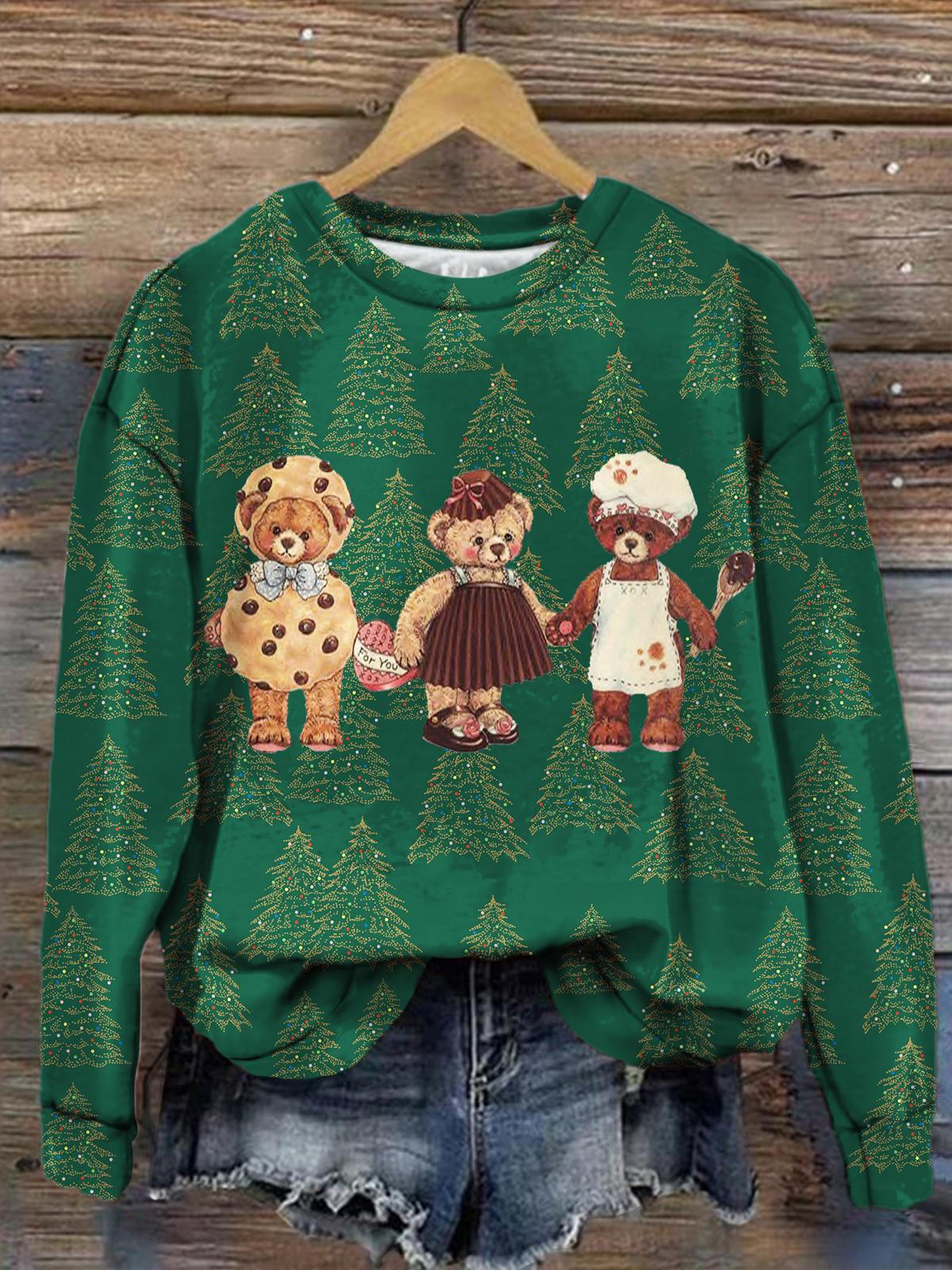 Women's Bear Christmas Tree Print Long Sleeve Top