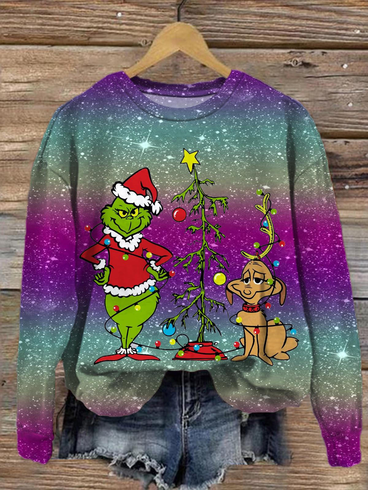 Christmas Green Furry Monster And Puppy Printed Long Sleeve Casual Top