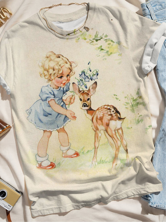 Women's Vintage Elk Girls Prairie Print Casual T-Shirt