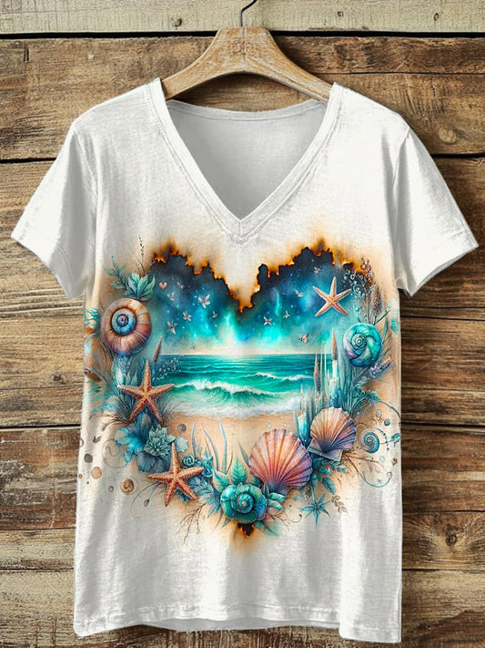 Flame Resort Beach Print V-neck T-Shirt