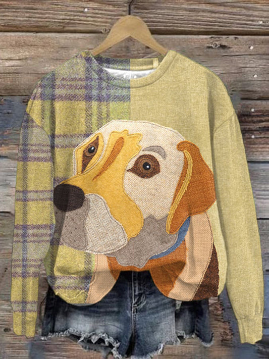 Women's Cute Puppy Faux Fabric Vintage Print Long Sleeve Top