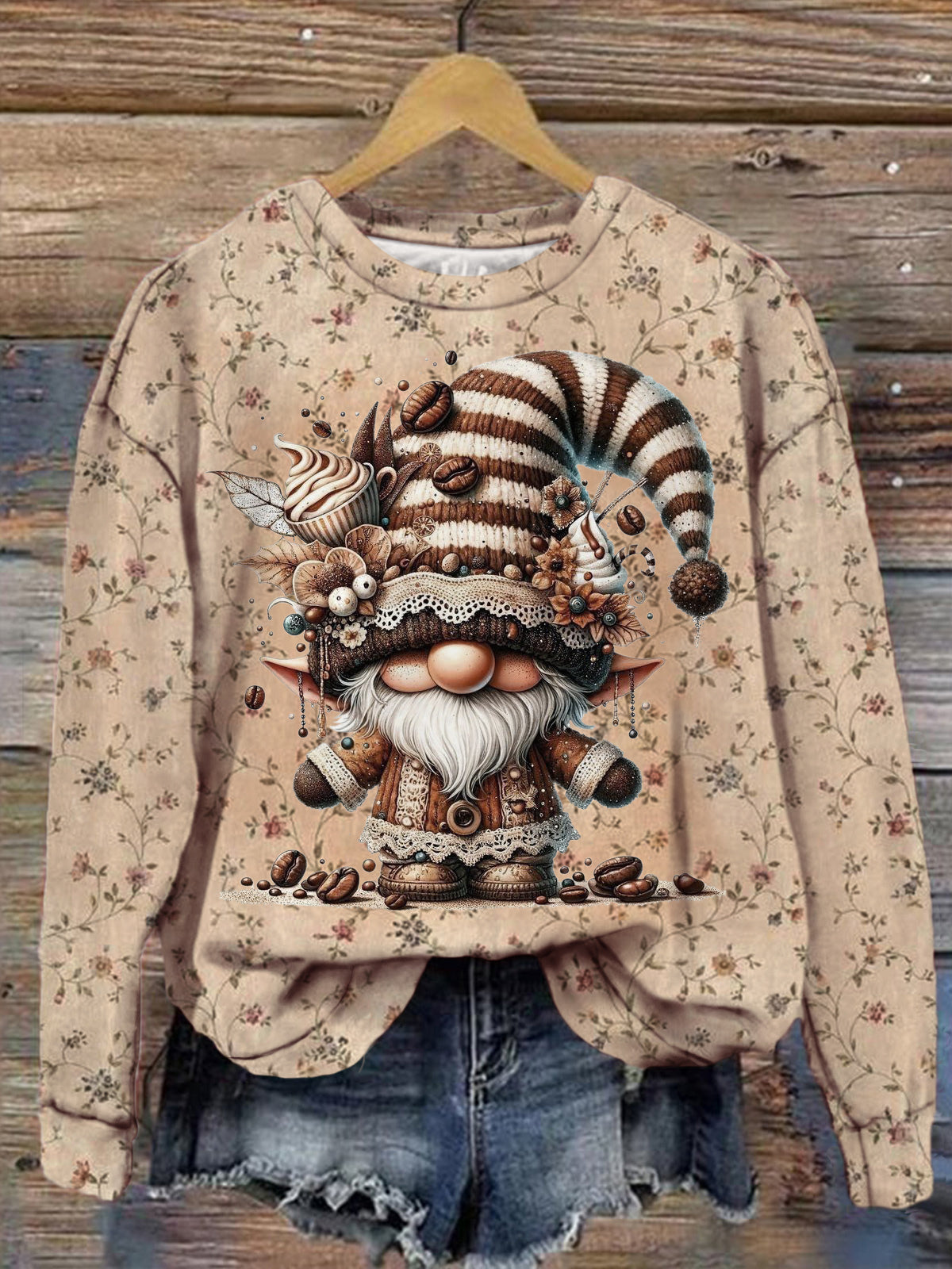 Women's Autumn Gnome Vintage Print Casual Round Neck Long Sleeve Top