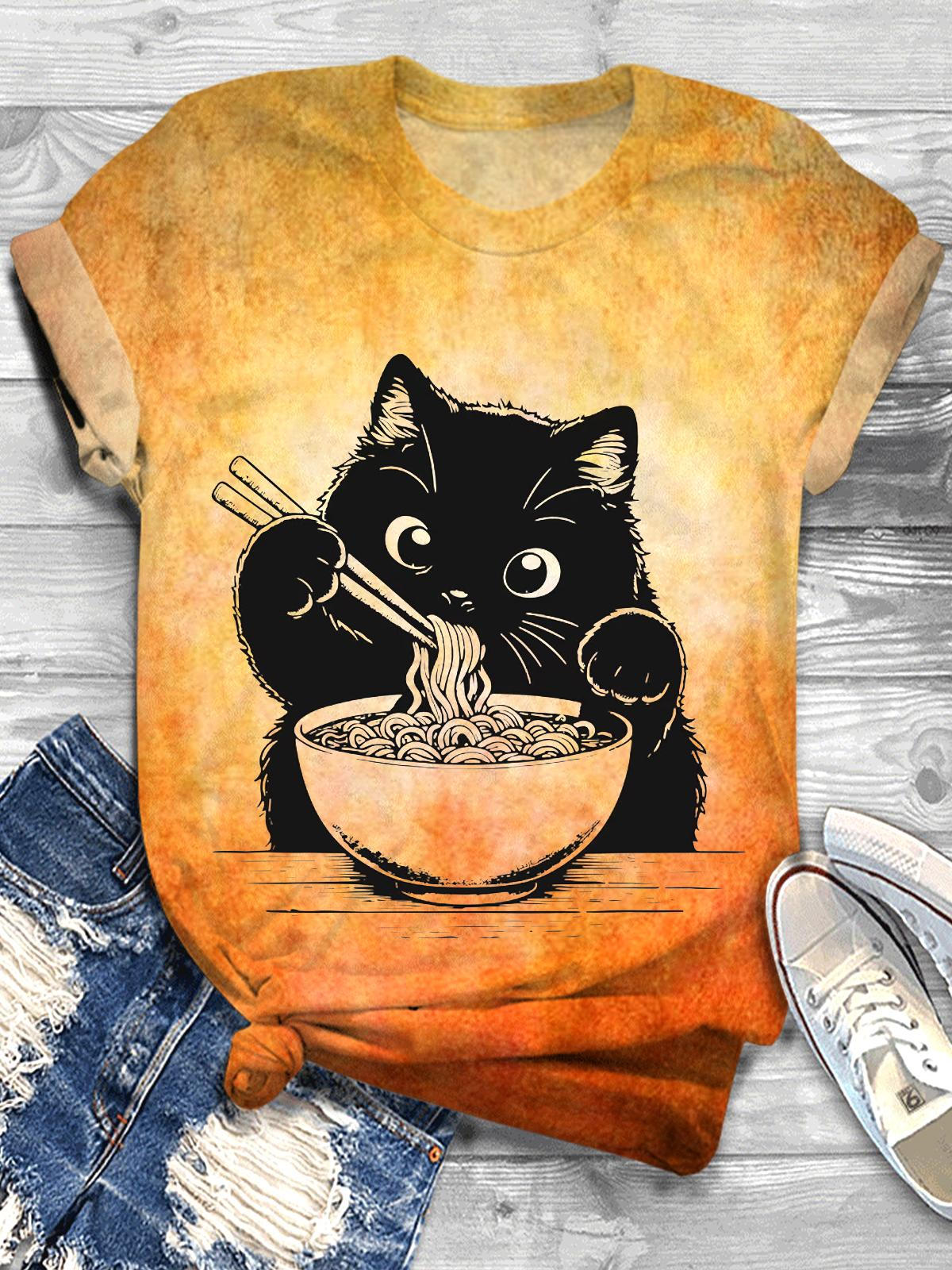 Cute Ramen Cat Crew Neck T-shirt