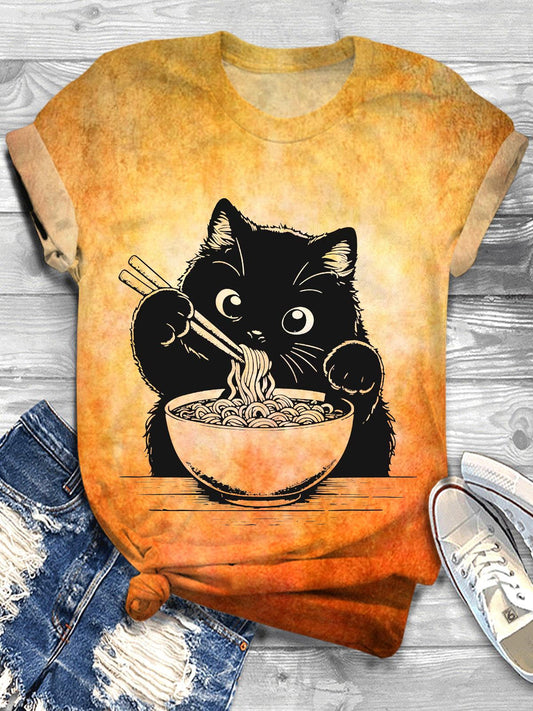 Cute Ramen Cat Crew Neck T-shirt