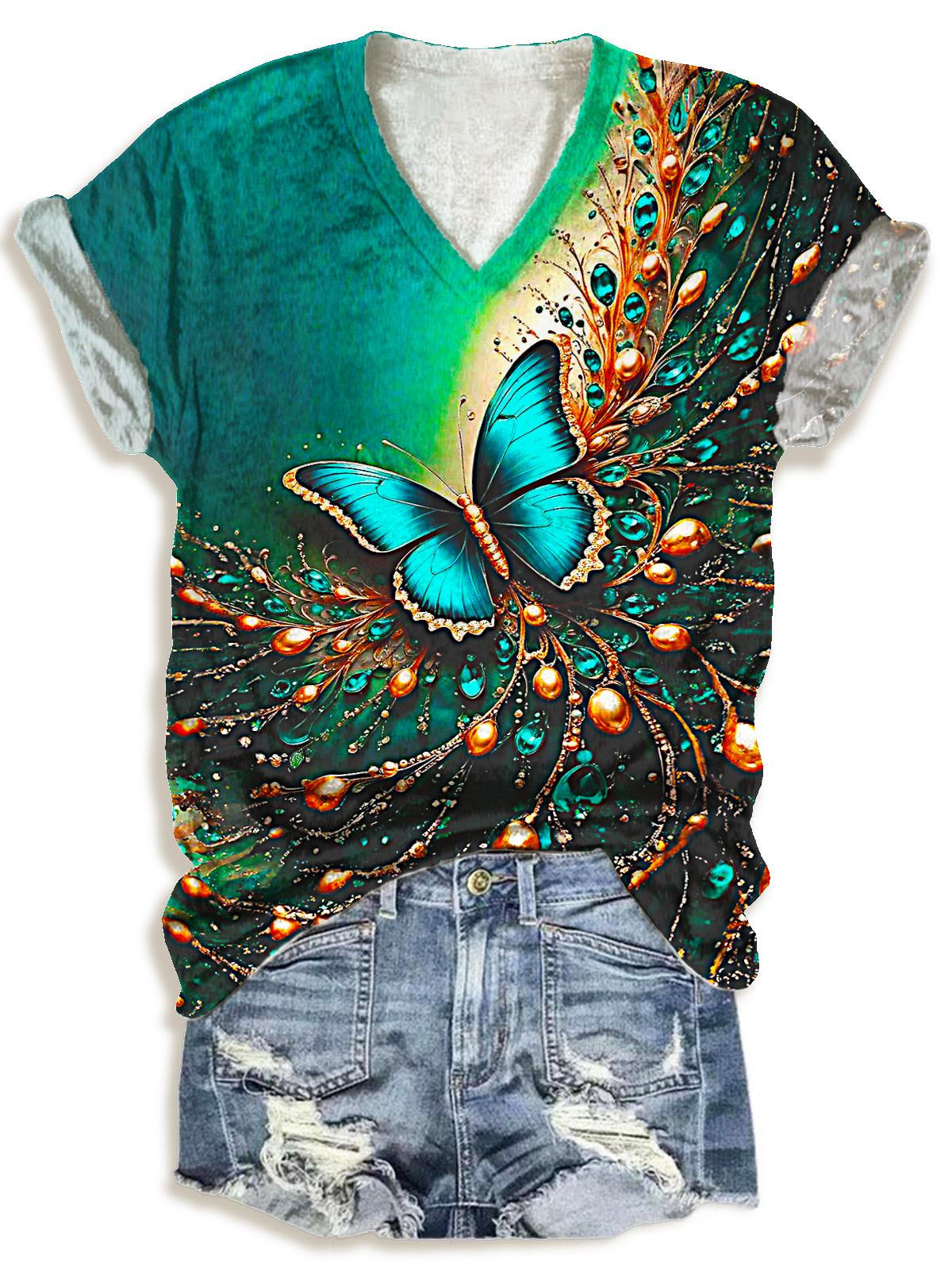 Women's Retro Diamond Butterfly Print V-Neck T-Shirt