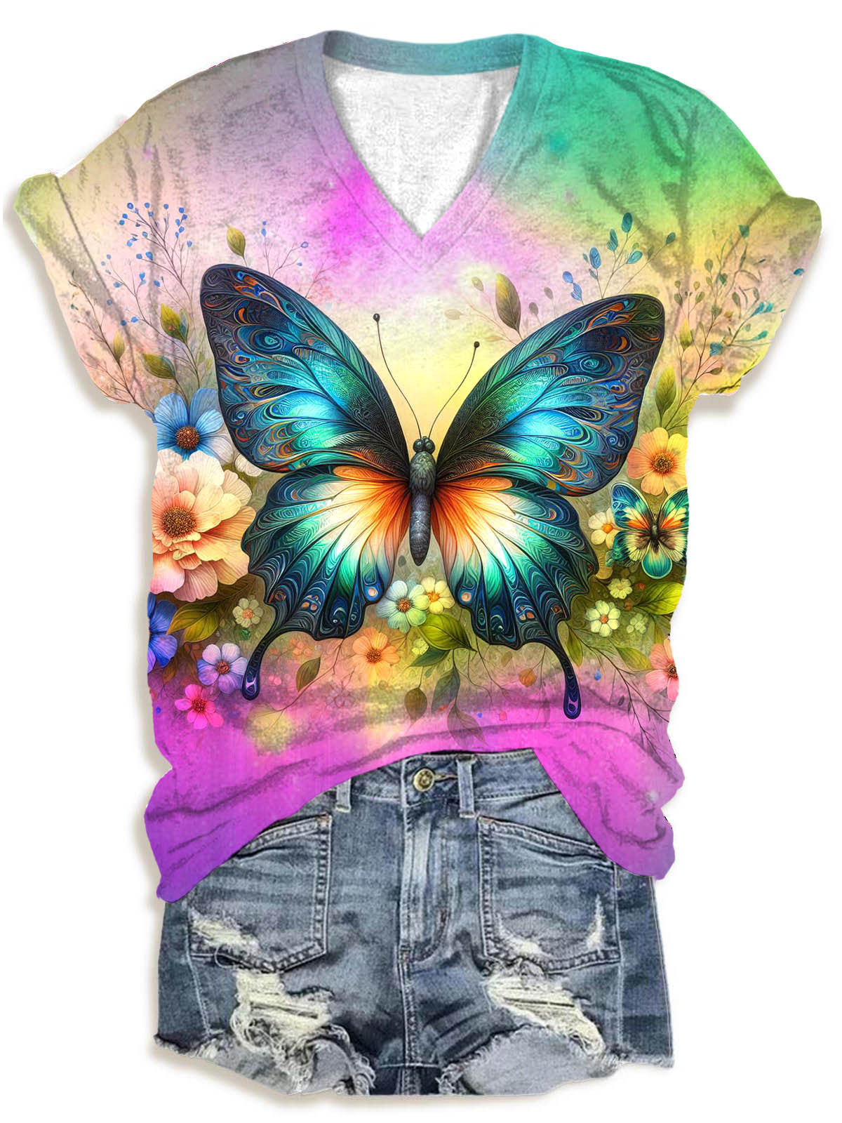 Colorful Tie Dye Butterflies Short Sleeve Crew Neck T-Shirt