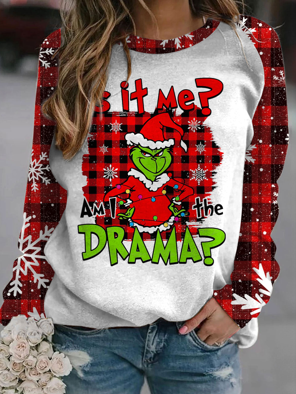 Snowflakes Falling Green Monster Long Sleeve Casual Top