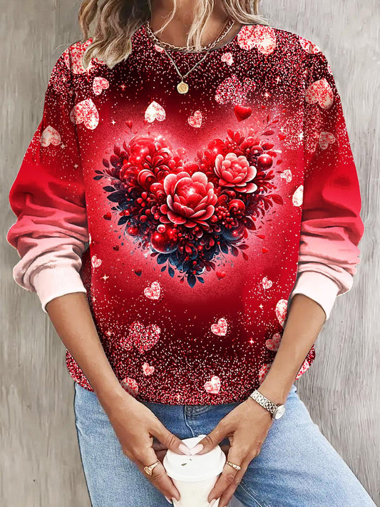 Women's Valentine's Day Flower Heart PrintLong Sleeve Casual Top