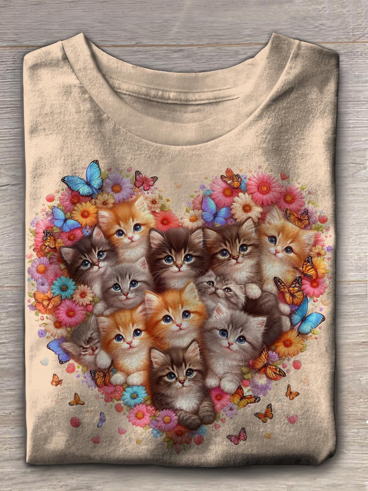 Women's Cute Cat Heart Shaped Valentine's Day Crew Neck T-shirt