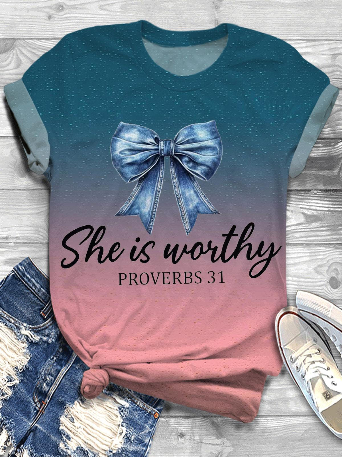 She is Worthy Bow Christian Crew Neck T-shirt