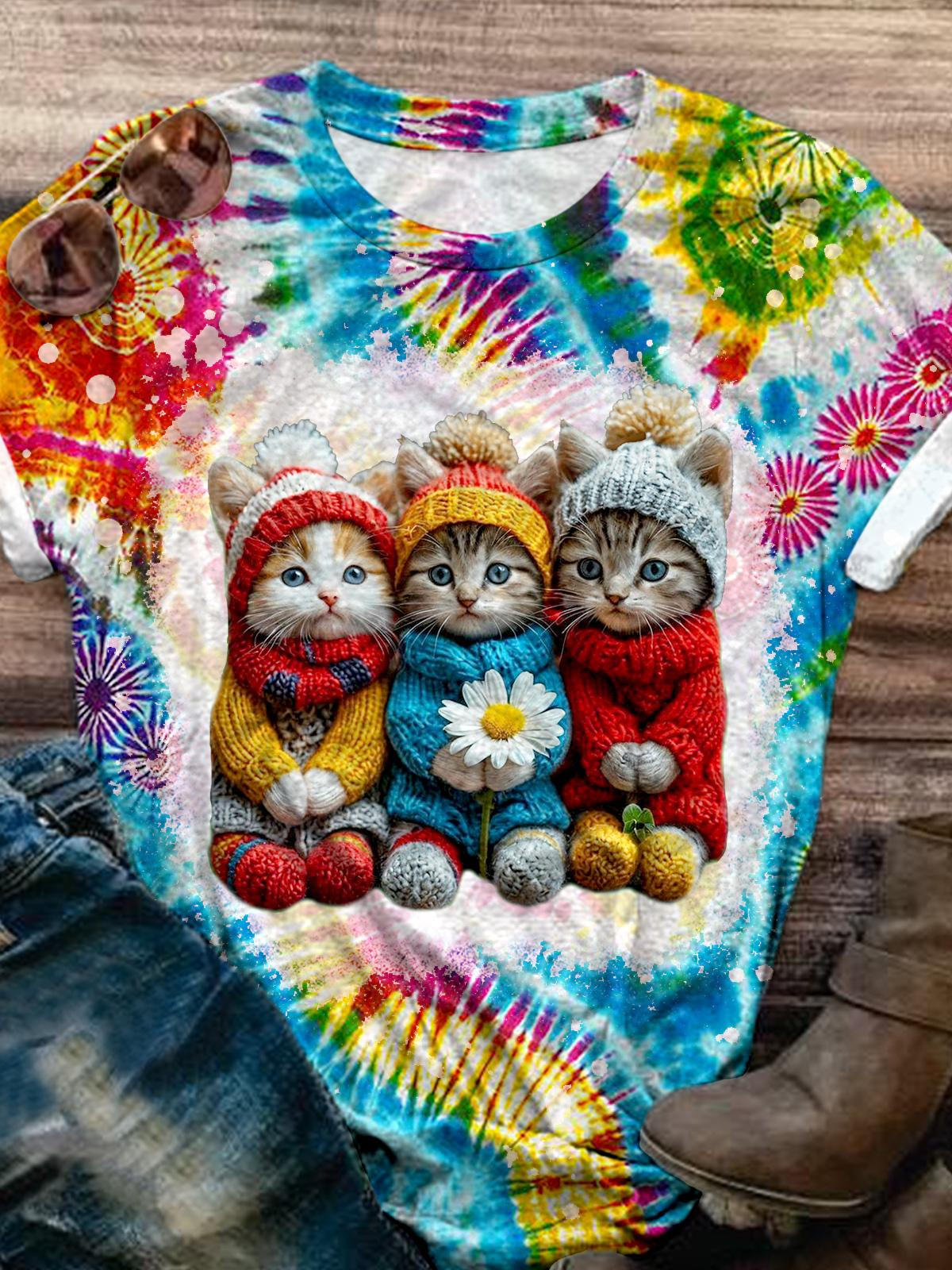 Women's Cute Fashion Cat Tie Dye Colorful Print Casual T-shirt