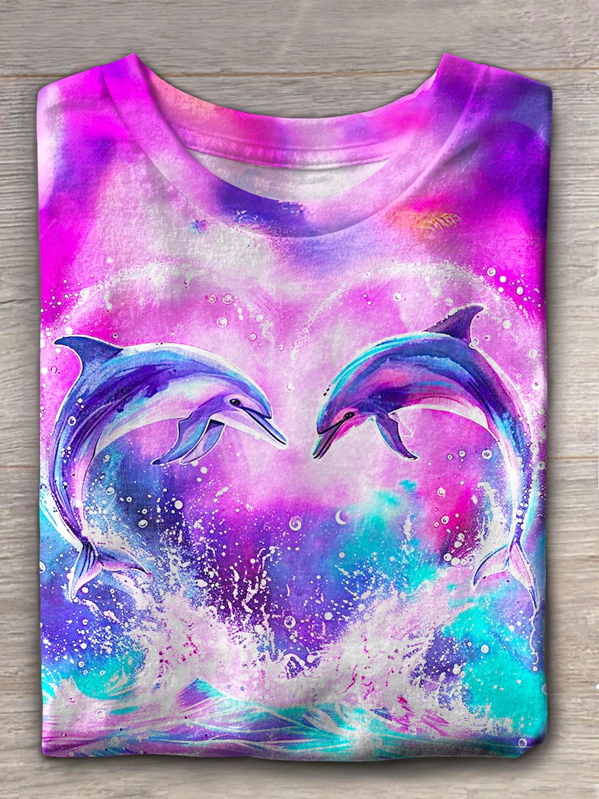 Women's Valentine's Day Dolphin Symphony Print Crew Neck T-shirt