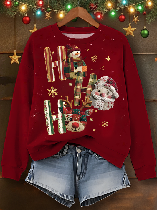 Vintage Patchwork Christmas Printed Long Sleeve Casual Top