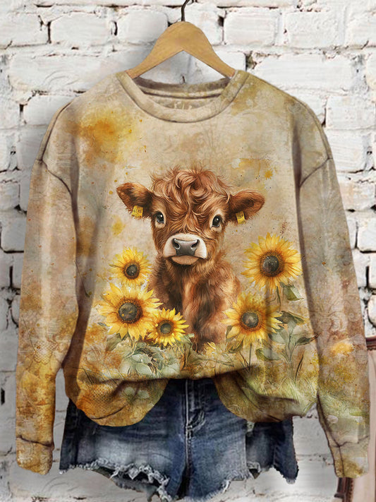 Women's Cute Cow Sunflower Vintage Floral Print Long Sleeve Top