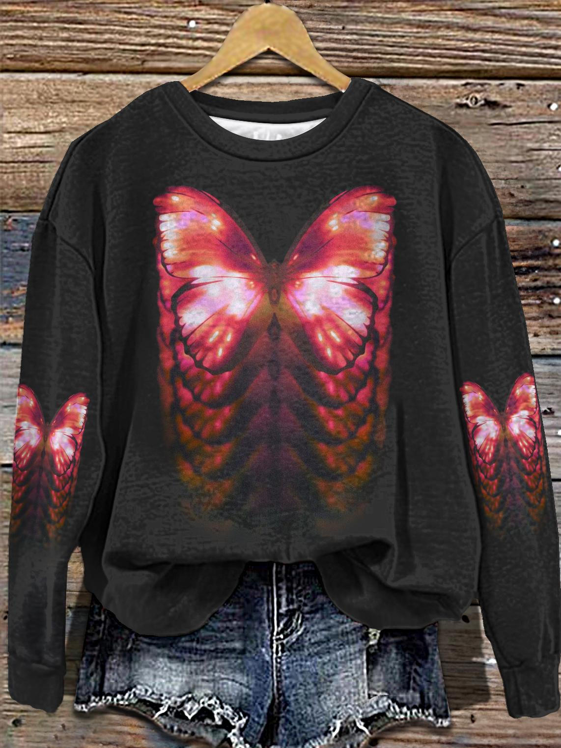 Women's Pink Butterfly Print Crew Neck Casual Sweatshirt