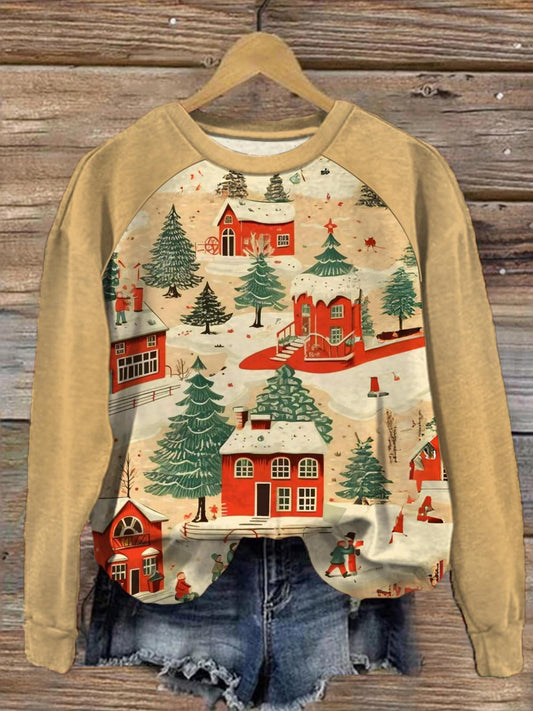 Women's Christmas On Main Street Round Neck Long Sleeve Top