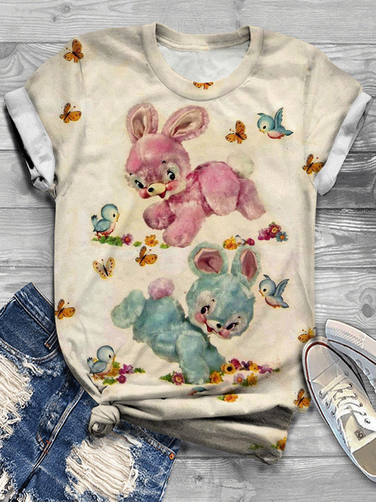 Women's Cute Rabbit Bird Floral Retro Print Casual T-shirt