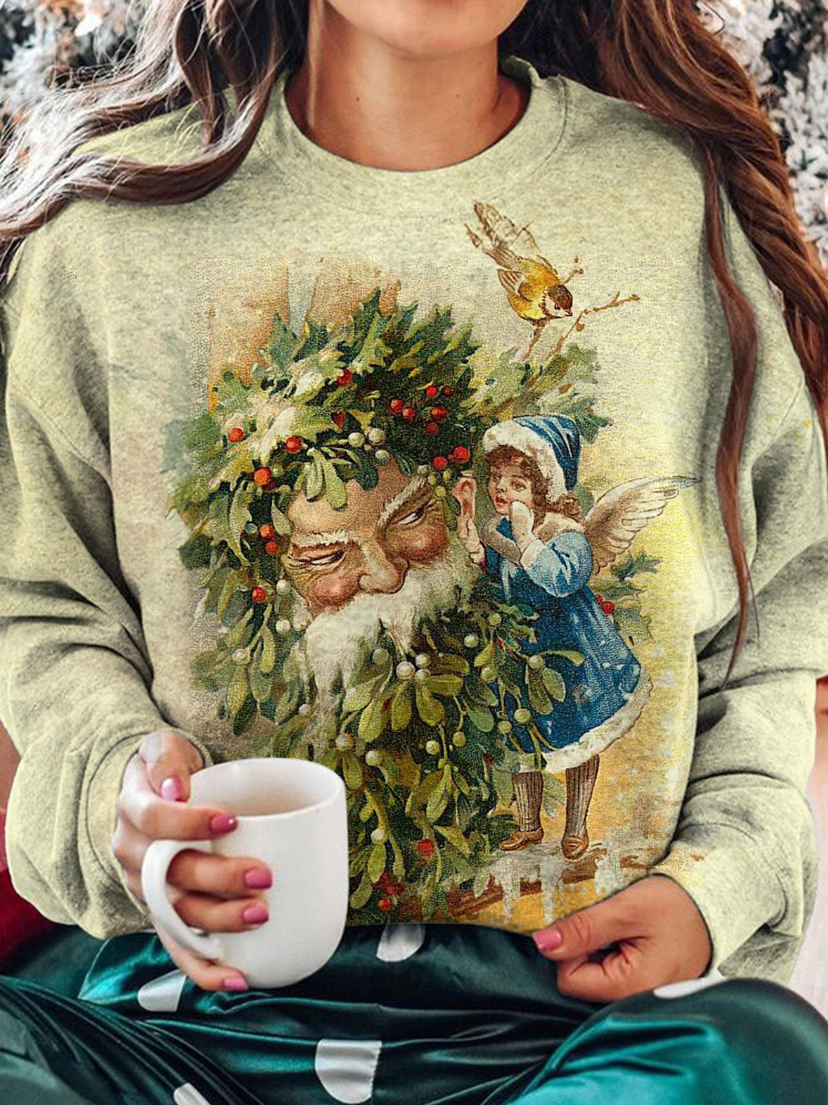 Santa Claus And Little Girl Vintage Round Neck Long Sleeve Top