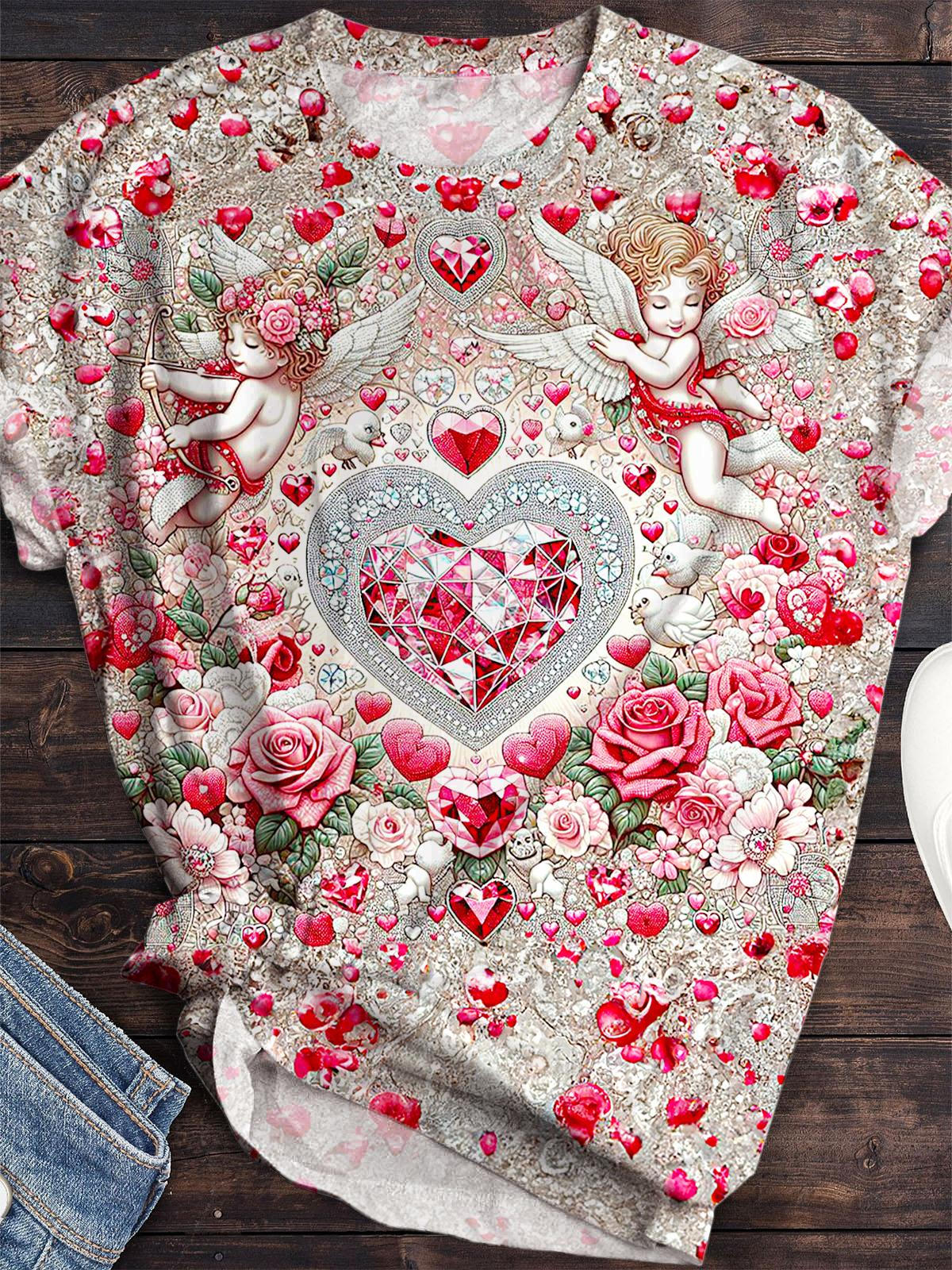 Women's Luxuriant Valentine's Diamond Print Crew Neck T-shirt