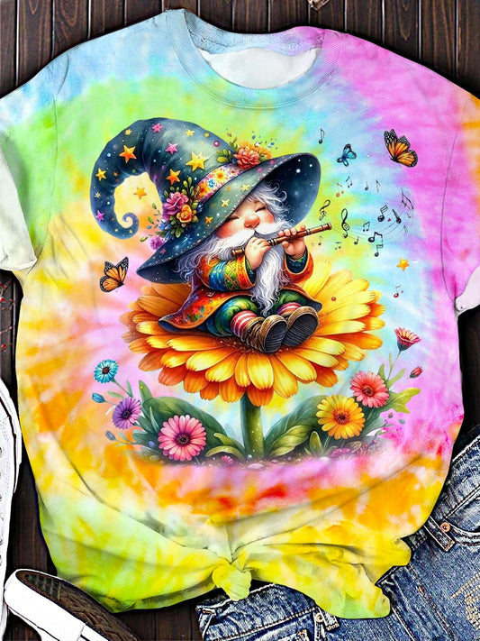 Colorful Sunflower Gnome Printed Crew Neck T-shirt