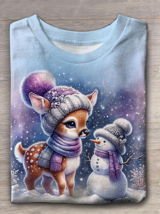 Cute Deer And Snowman Crew Neck T-shirt