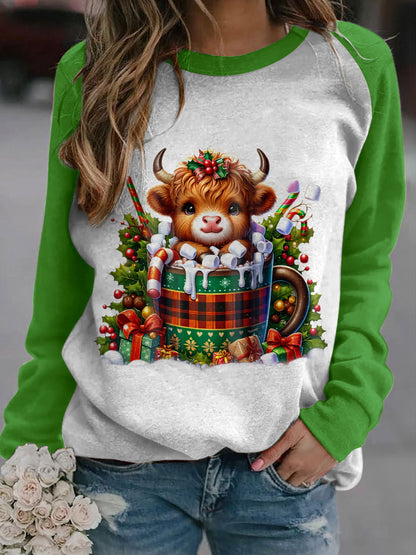 Cute Highland Cow Hot Chocolate Long Sleeve Casual Top