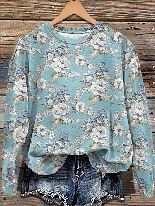 Women's Retro Blue Floral Printed Long Sleeve Casual Top