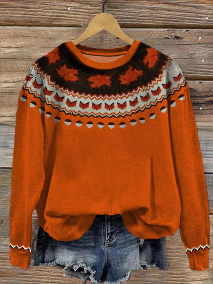 Fall Fox Maple Leaves And Acorns Printed Long Sleeve Top