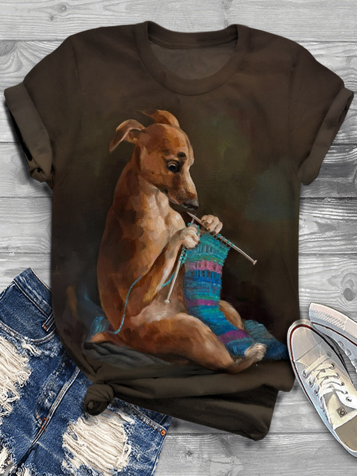 Women's Dog Imitation Oil Painting Vintage Print Casual T-shirt