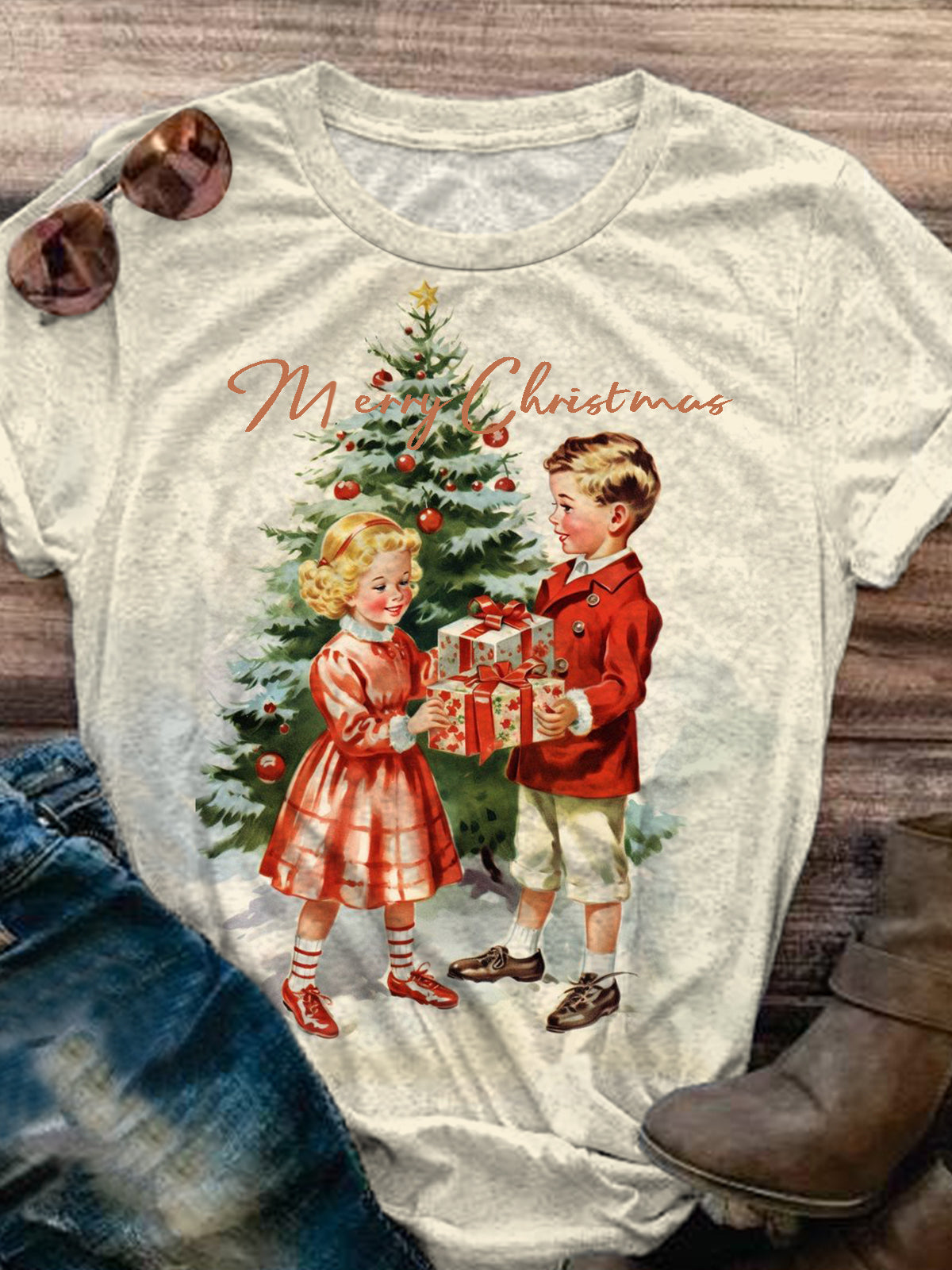 Christmas Gift Retro Print Short Sleeve T-Shirt