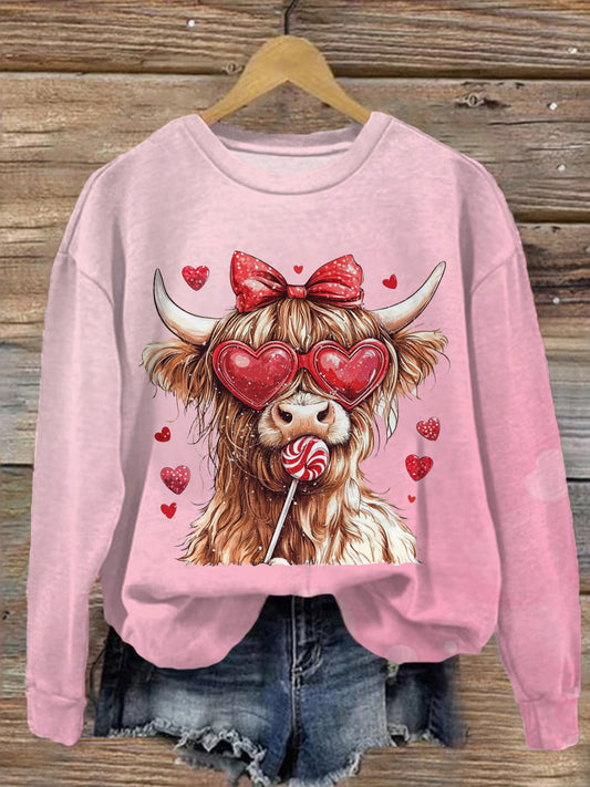 Cute Highland Cow Valentines Printed Long Sleeve Casual Top